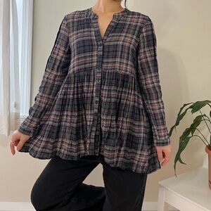 11.1. TYLHO By Anthropologie 100% Cotton Plaid Peplum Button blouse shirt Small